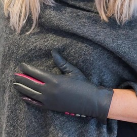 Vera Tucci TIFFANY G01 Leather Multi Colour Button & Fingers Glove (SM, BLACK)