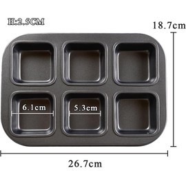 Sinsanye Muffin Pan, 6 Cavities, Square Brownie Pan, 10.5 x 7.4 x 1.0 inches (26.7 x 18.7 x 2.5 cm), Non-Sticky Cup (Carbon Steel)