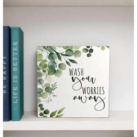 Wash Your Worries Away Funny Bathroom Wooden Box Sign, Eucalyptus Botanical Wood Signs for Restroom Bathroom Toilet Half Bath Shelf Counter Decor, 5x5 Inch