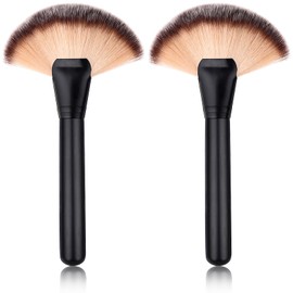 Black Makeup Brushes with Wood Handle - Large Fan Brush and Powder Foundation Brush for Cosmetics, Ideal for Liquid and Powder Applications
