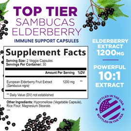 Elderberry Immune Support 1200mg - Daily Immune Support for Adults with Concentrated Sambucus Black Elderberry Extract - Antioxidant Vitamin Supplement, Gluten Free, Bottled in USA - 60 Capsules