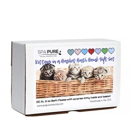 Spa Pure Kittens in Basket: 6 Adorable Kittens Hiding Inside Each Colorful Bath Bomb, XL 5 oz Each (6 Count) Pack of 1, Multicolor