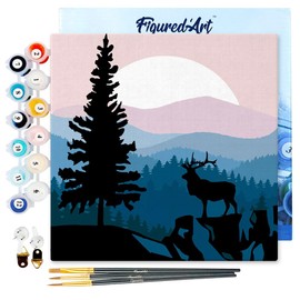 Figured'Art Mini Paint by Numbers Adults with Frame 20 x 20 cm Small Format - Majestic Deer and Landscape - Paint by Numbers Craft DIY Craft Set Canvas Stretched on Wooden Frame