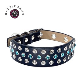 Rhinestone Dog Collar with Fancy Aqua Bling Stones Studded in Wide Black Microfiber Leather, Designer Details Adjustable for Boy and Girl Dogs (Large 16"-20", Aquamarine Blue | Clear White Crystals)
