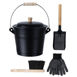 vensovo 1.5 Gallon Ash Bucket with Lid - Shovel, Broom, and Gloves, Heavy Duty Galvanized Iron, Fire-Resistant, Black Finish Perfect for Fireplaces, Fire Pits