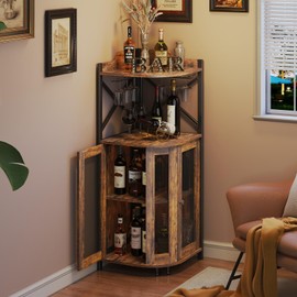 JKsmart Corner Bar Cabinet with Glass Holder,Industrial Wine Cabinet with Mesh Door,4-Tier Wine Cabinet with Open Shelf,Farmhouse Home Bar for Liquor and Wine Storage,Rustic Brown