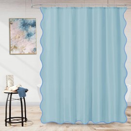 ORTIGIA Blue Scalloped Shower Curtain 72 W x 84 H Inch Extra Long, Light Blue Coastal Shower Curtains Modern Cute Preppy Aesthetic Waterproof Fabric Bath Bathroom Decor with Metal Hook