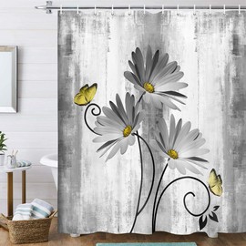 VeiVian Rustic Farmhouse Shower Curtain, Farm Gray Grey Daisy Floral Flowers and Butterfly on Country Wooden Shower Curtain for Bathroom, Gray White Yellow Shower Curtain with 12PCS Hooks, 70X70IN