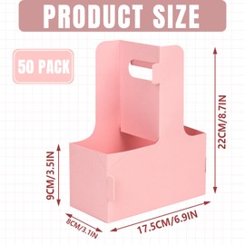 OUGEBOX 50 Packs 2 Cups Drink Carrier with Handle, Disposable Cup Holders for Drinks, Pink Paperboard Cup Carriers for Drinks, 6.9 x 3.1 x 8.7 Inches
