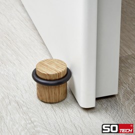 SOTECH Set of 2 Steel Door Stoppers Floor Mounting (Diameter 36 mm, Height 32 mm, Oak Wood Decor) Stop Protection with Rubber Buffer for Screwing and Gluing