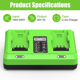 40Volt Dual Charger Replacement for Greenworks 40V Battery Charger, Compatible with Greenworks 29482 29252 20202 22262 29472 29462 2901319 2938302 BAF702 BAF704 BAF705, for 40V G-MAX Power Tools