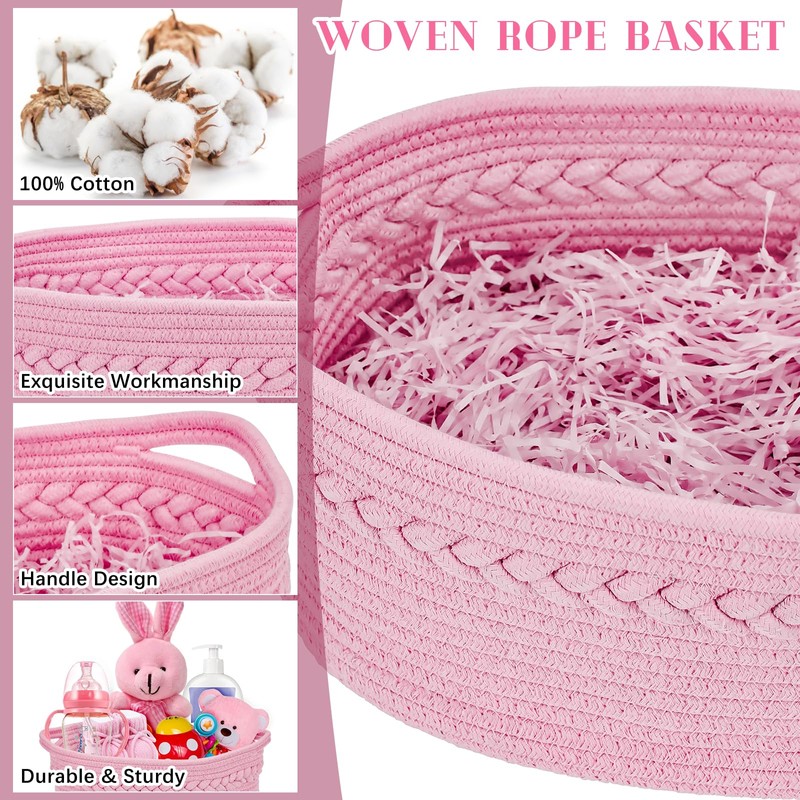 SelfTek Gift Basket Hamper Kit, Pink Rope Basket with Cellophane