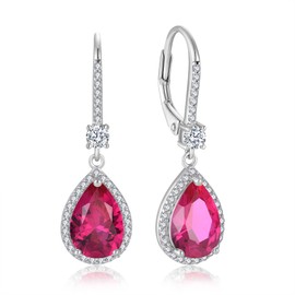 Oskani Teardrop Leverback Birthstone Earrings for Women 925 Sterling Silver 5A Cubic Zircon Dangle Drop July Birthstone Ruby Earrings Jewelry Anniversary Birthday Christmas for Her