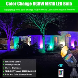 Makergroup RGBW Color Changing MR16 LED Bulbs, CCT Tunable 2700K to 6500K, Dimmable with Remote Control, Memory Function, GU5.3 Bi-pin Base Light Bulbs for 12V Low Voltage Landscape Lighting 3-Pack