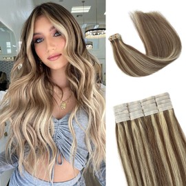 Tape in Hair Extensions Human Hair 14inch Long Hair Extensions Ash Brown with Platinum Blonde Balayage Double Sided Tape in Extensions Human Hair Extensions 20pcs 50/Pack