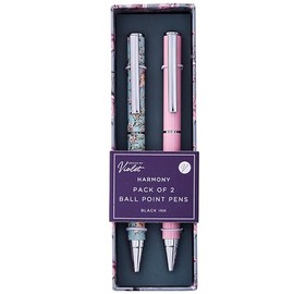 Design By Violet Harmony Double Pack Pens – Light Blue & Light Pink Ballpoint Pens with Floral Pattern & Clip – Stylish Gift for Writers & Stationery Lovers, Perfect for Birthdays & Special Occasions