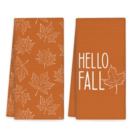 OINDADE Orange Maple Leaves Fall Kitchen Towels Set of 2, Autumn Maple Leaves Hand Towels, Orange Hello Fall Dish Tea Towel for Kitchen Decorative, Autumn Themed Gifts Bathroom Kitchens Decor, 16x24In
