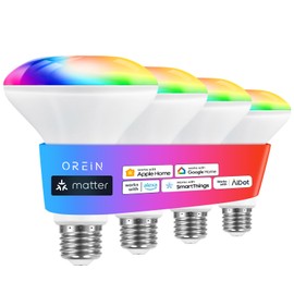 OREiN Matter Smart RGBTW Bulb, BR30 Smart Bulbs Work with Apple Home, Alexa, Google Home, SmartThings, Color Changing Light Bulbs 2.4Ghz WiFi only, Led Bulbs 650 Lumens Equivalent 60W 4Pack