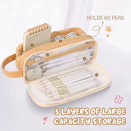 Cute Pencil Case for Kids and Adults, Large Capacity Clear Pencil Case Organizer, Portable Aesthetic Pencil Pouch Stationery Makeup Storage for Office School Travel (Brown)