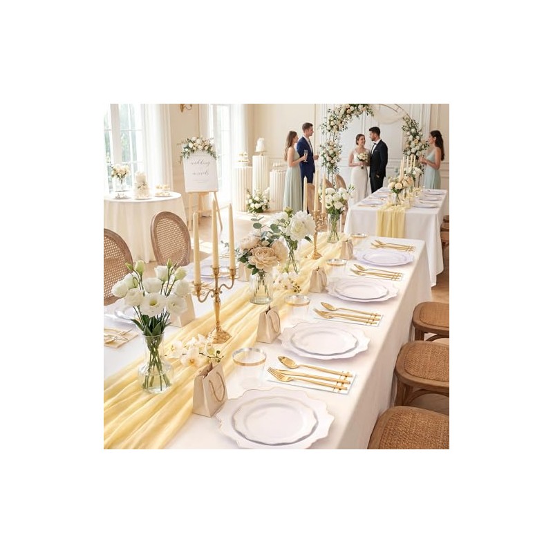 WDF 350PCS White and Gold Plastic Plates - Gold Plates