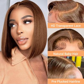 MOOTAFUL Chocolate Brown Bob Wig Human Hair 200% Density 13x4 HD Lace Front Wigs Human Hair for Women Straight Short Bob Wigs #4 12 Inch