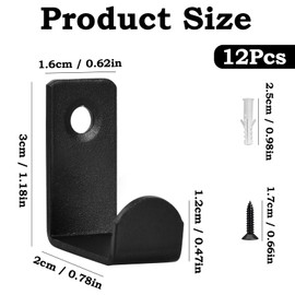 Pack of 12 Coat Hooks, Black, Metal Wall Hooks, Heavy Duty Hooks with Screws - for Bedroom, Bathroom, Coat Rack, Coats, Towels, Jackets, Hooks, Matt Stainless Steel