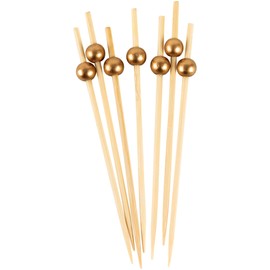 Eco-friendly Gold Wooden Ball Food Picks (Pack of 100) - Sustainable Skewers And Bamboo Picks for Charcuterie, Appetizers, & Cocktail Picks For Parties, Casual Dining & More, 4.7"