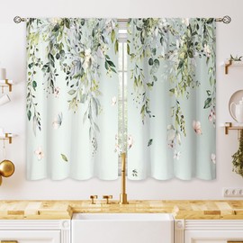 oolygoo Eucalyptus Botanical Leaves Floral Kitchen Window Curtains Butterfly Farmhouse Flower Leaf Small Window Treatment Sage Green Cafe Short Curtains for Bathroom Treatment Tier Drapes 27.9x39 inch