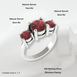 Belinda Jewelz 925 Sterling Silver 3-Stone Ring for Women, Round 7mm & 5mm, Natural Garnet Gemstones, Precious & Brilliant Birthstone Gem Jewelry (Size 7, Red)
