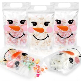 JarThenaAMCS 50 Pcs Winter Zip Lock Bags Christmas Clear Snowman Face Plastic Candy Treat Bag Resealable Goody Cookie Sealing Gift Bag with Handle for Party Favor Wrap Supplies