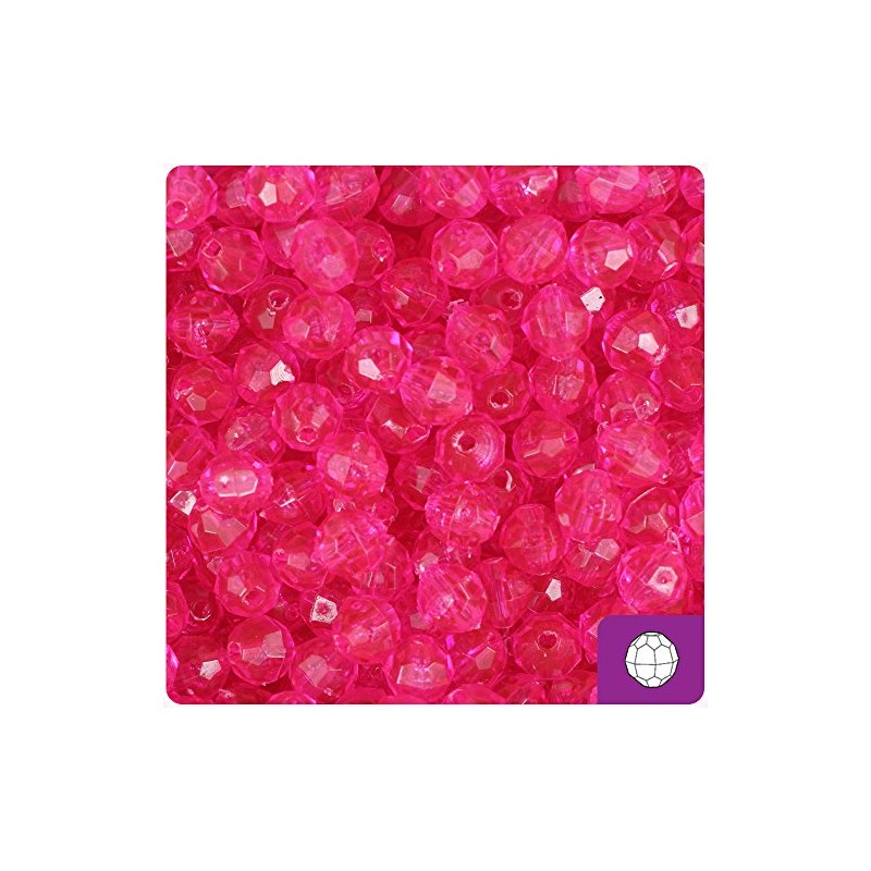 BeadTin Hot Pink Transparent 8mm Faceted Round Plastic Craft Beads
