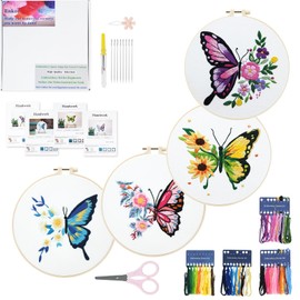 Enkor 4 Sets Embroidery Kit for Beginners Adults-Cross Stitch Kits for Beginner Easy to Learn Stitches from Instruction Video Needlepoint Kits with Stamped Embroidery Pattern-Butterfly B4