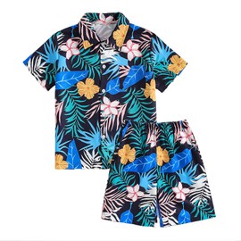 Xumplo Boys Hawaiian Outfits Kids Button Down Shirt and Shorts Set Children Leaf Floral Print Hawaiian Summer Suit 10-11 Years
