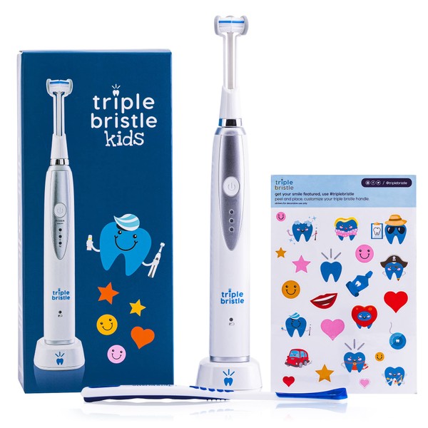 Triple Bristle Kids Sonic Toothbrush | 1 Pack | 3-Sided Brushing to Clean Teeth and Gums | Dentist Created & Approved | Fun Sticker Rewards | Rechargeable Toothbrush