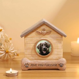 Pet Urns for Ashes, Resin Wooden House Shape Pet Urns for Dog or Cat Ashes, Memorial Keepsake Memory Box with Photo Frame, Loss Pet Sympathy Remembrance Gift (Dog)