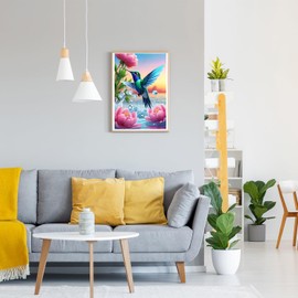 GDYEEH DIY 5D Hummingbird Diamond Art Kits, Pink Flowers Round Full Drill Sparkling Diamond Painting Picture, Bird Diamond Painting Art Kits Craft for Adults Beginners, Home Wall Decor 12x16 inch