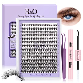 B&Q Manga Lashes Eyelash Extensions Set - 280 Pieces Cluster Lash Set with Bond + Seal + Remover, Eyelash Tweezers & Brush, 30D Natural Soft D Curl Fake Lashes 9-16 Mix, Black Lash Clusters