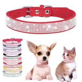 Red Bling Cat Collar, Rhinestone Dog Collars Girl Diamond Puppy Collar Female Sparkly Sparkle Jewelry Cute Adjustable for XXS XS Small Medium Boy Pet Kitten Princess, XX-Small