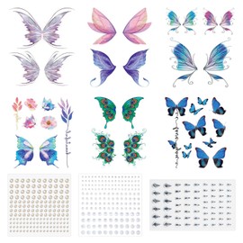 6 Butterfly Wings Tattoo Stickers, With 2 Round Diamond Stickers, 1 Waterdrop Diamond Sticker, Glitter Butterfly Sticker, Glitter Gemstone Face Sticker