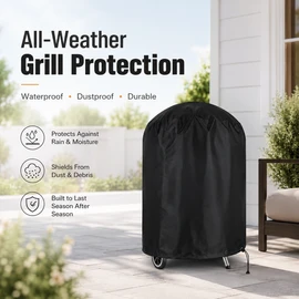 Black Round BBQ Grill Cover with Elastic Hem – Outdoor Dust and Debris Cover for Compatible Kettle-Style Grills