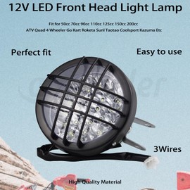 amavoler LED Front Headlight Lamp 12V 3Wires Aftermarket Replacement Parts Fits for 50cc 70cc 90cc 110cc 125cc 150cc 200cc ATV Quad 4 Wheeler Go Kart Roketa Sunl Taotao Coolsport Kazuma Etc.