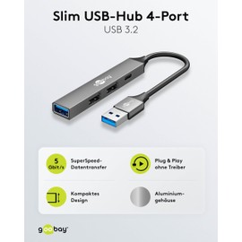 goobay 4-Port USB 3.2 Hub Slim/USB Multiple Plug, 5 Gbits, USB Hub/USB Splitter/Slim USB-A to 3X USB-A and 1x USB-C Multiport Adapter USB 3.0 Hub / 74458