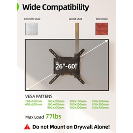 USX MOUNT UL Listed TV Wall Mount for Most 26-60 Inch TVs, Wall Mount TV Brackets with Swivel, Tilt, Rotating, Center Corner Design on Single Stud, Up to 77 lbs Max VESA 400x400mm