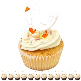 12Pcs Goose Party Cupcake Toppers Birthday Decorations, White Goose Theme Duck Decor Quality Cardboard for Kids Girls and Boys Birthdays Baby Shower Supplies