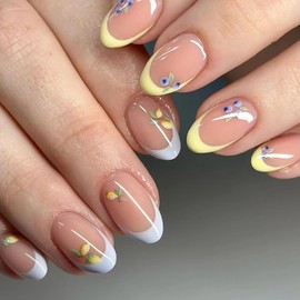 Short Almond Press on Nails With Designs White Yellow French Tip Oval Nude Flower Fake Nails Press ons Acrylic Artificial Full Cover Stick on Nails for Women Girls 24 Pcs