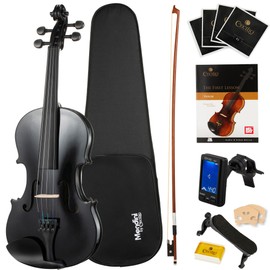 Mendini By Cecilio Violin 4/4 Full Size For Beginners - Fiddle Solidwood Kit with Hard Case - Acoustic Violins with Bow, Rosin, Tuner, Extra Strings & Bridge, Shoulder Rest and Lesson Book (Black)