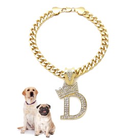 Icemond Rhinestone Studded Initial Pendant 18" Cuban Chain Fashion Costume Jewelry Necklace for Dogs Cats in Gold Tone (Gold - D)
