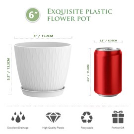 WSMKSZ WSMKSZ 6 inch Flower Pots, 5 Pack Plant Pots with Drainage Holes and Saucers for Indoor Plants, Plastic Planters with Water Ripple for Small Garden House Plants, Nursery Pots for Succulent, White