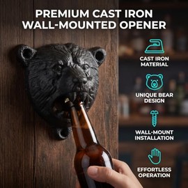 Abridor de botellas de hierro fundido de pared, herramienta de cocina,Abridor de botellas abrebotellas destapador de botellas de hierro fundido de pared forma de oso negro montaje