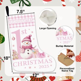 TTBDPB Granddaughter 1st Christmas Stocking from Grandma Grandpa, Baby Girl First Christmas Stocking 2025, Pink Snowman Hanging Stockings Fireplace Decorations